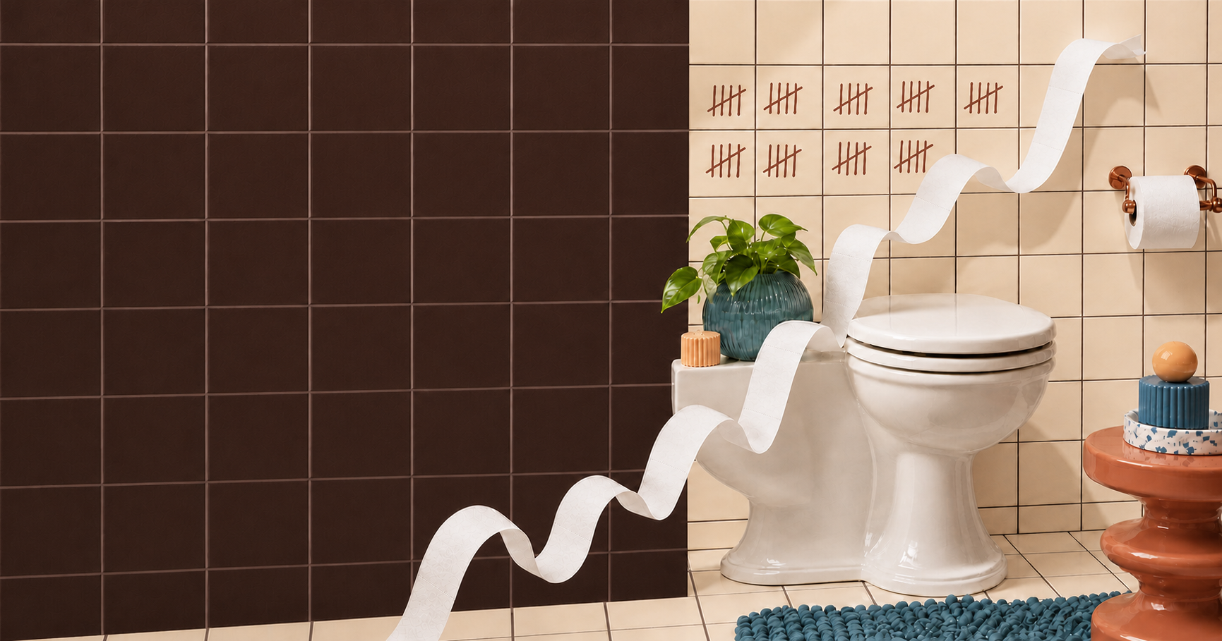 A playful tiled bathroom with a toilet-paper ribbon curling like a data chart.